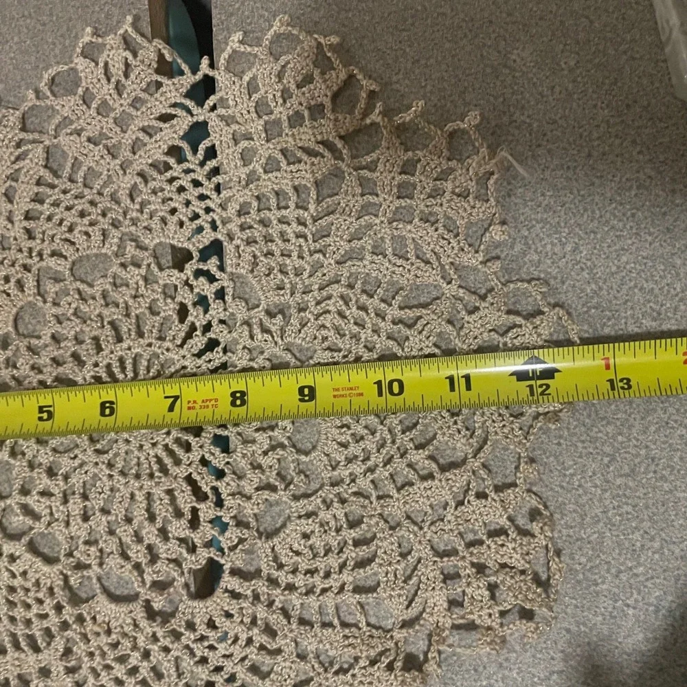 Vintage Handmade Crochet‎ Lace Doily Beige Gold Metallic Shimmer Round 12.5 Inch